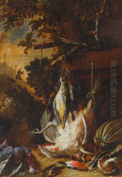 A Dead Cockerel And Song Birds Hanging On Nails With Other Dead Birds, Mushrooms And A Melon Strewn On The Ground Oil Painting by Adriaen de Gryef