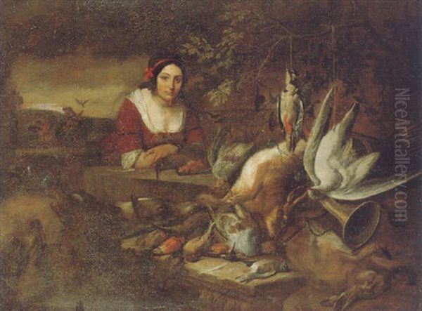 Portrait Of A Young Girl Beside A Still Life Of Dead Game On A Carved Stone Ledge With A Hawking Party In A Landscape Beyond Oil Painting by Adriaen de Gryef