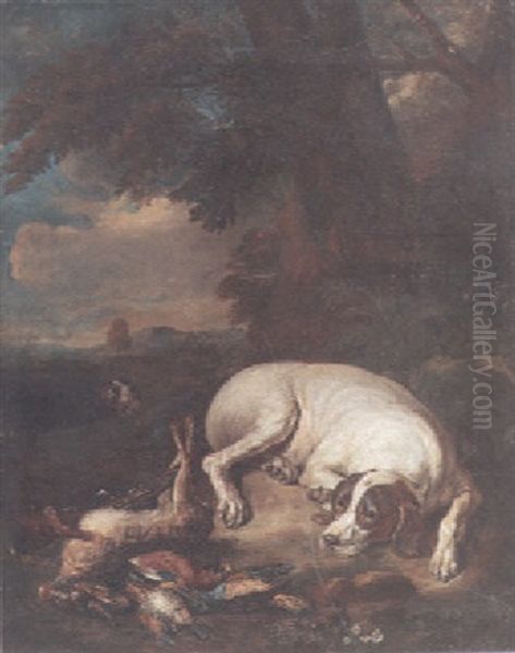 A Hound Guarding The Day's Bag Of Game In An Extensive Landscape With Another Dog Behind Oil Painting by Adriaen de Gryef