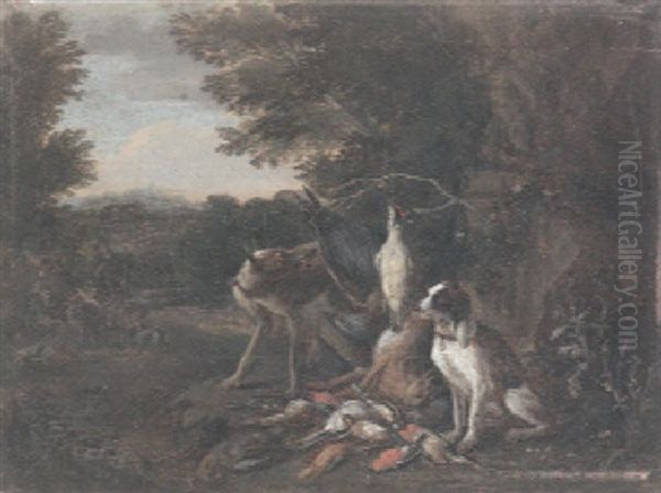 A Still Life With Game And Hounds In An Extensive Landscape And Hunters And Dogs Resting By A Tree Beyond by Adriaen de Gryef