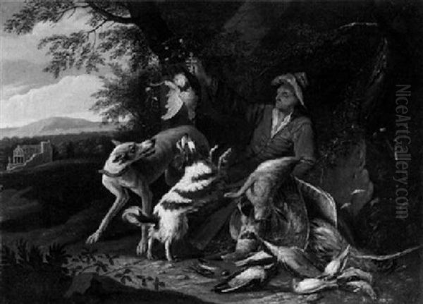 Jagdbild - Jager Mit Zwei Hunden Bei Der Strecke Oil Painting by Adriaen de Gryef