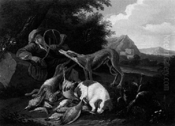 Jagdbild - Jager Mit Zwei Hunden Bei Der Strecke Oil Painting by Adriaen de Gryef