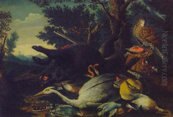 A Dead Boar, A Heron, A Duck And Other Birds With A Hawk Perched On A Basket In A Landscape Oil Painting by Adriaen de Gryef