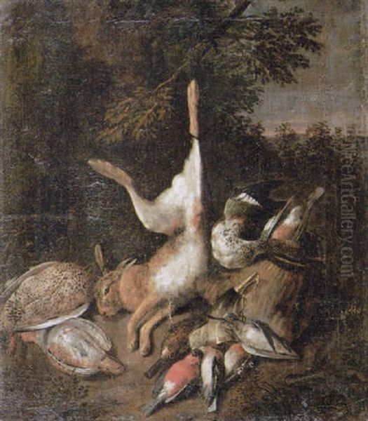 A Still Life Of A Dead Hare, Fowl And Songbirds On A Woodland Floor Oil Painting by Adriaen de Gryef