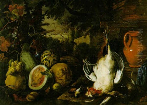 Stilleben Med Frukter Och Faglar I Landskap Oil Painting by Adriaen de Gryef