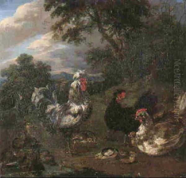 A Wooded Landscape With A Cockerel, Hens And Chicks Oil Painting by Adriaen de Gryef