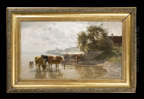 Kuhe In Weiter Stimmungslandschaft Oil Painting by Hermann Baisch