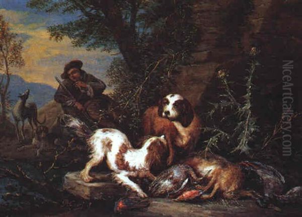 Rastender Jager Mit Hunden Und Jagdbeute In Einer Landschaft Oil Painting by Adriaen de Gryef