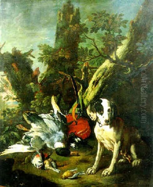 Jagdstilleben Von Einem Hund Bewacht In Einer Waldlandschaft Oil Painting by Adriaen de Gryef