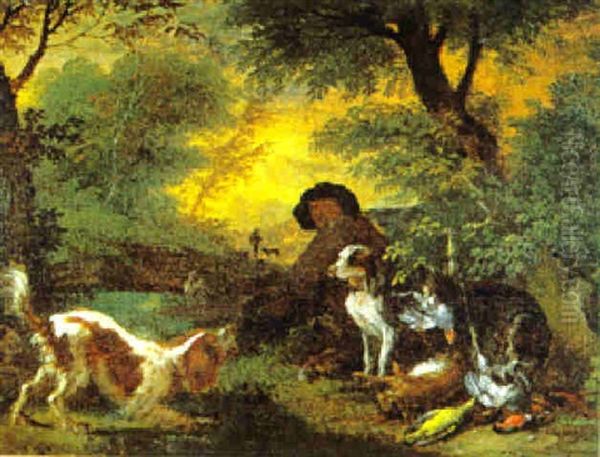 Ein Jager Mit Zwei Hunden In Einer Waldlandschaft Oil Painting by Adriaen de Gryef