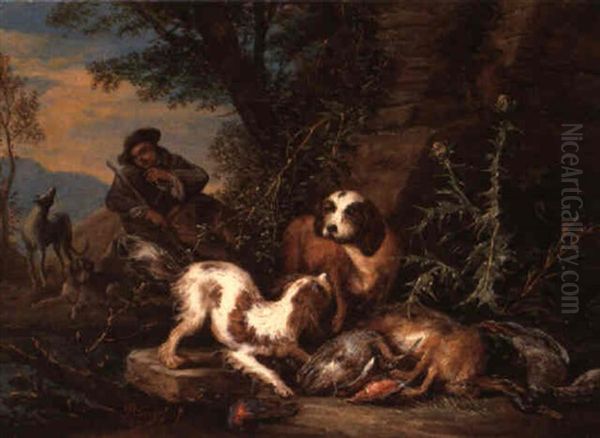 Rastender Jager Mit Hunden Und Jagdbeute In Einer Landschaft Oil Painting by Adriaen de Gryef