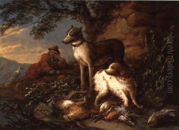 Rastender Jager Mit Hunden Und Jagdbeute Oil Painting by Adriaen de Gryef