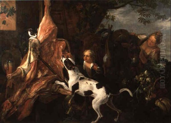 Ein Hund Und Eine Katze Machen Sich Einen Ausgeweideten Ochsen Streitig Oil Painting by Adriaen de Gryef