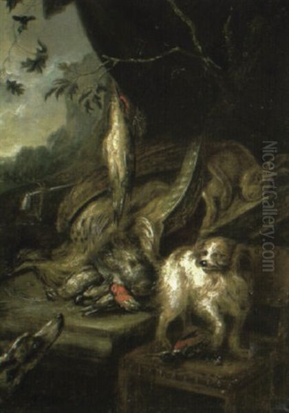 A Hound And Spaniel Guarding A Dead Heron And Other Game In A Landscape Oil Painting by Adriaen de Gryef