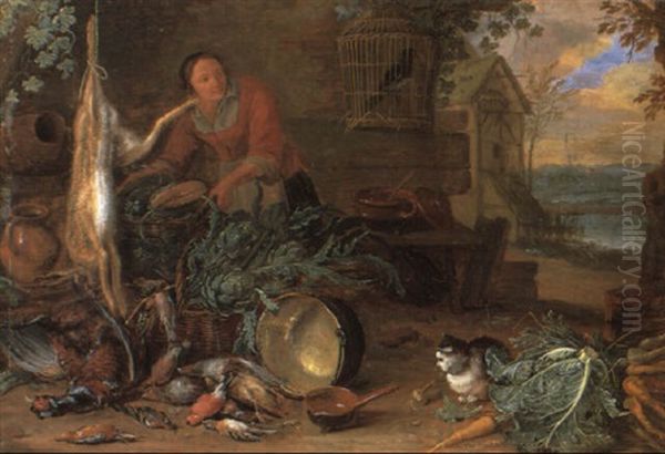 A Maid Standing Beside A Still Life Of Game And Vegetables Oil Painting by Adriaen de Gryef