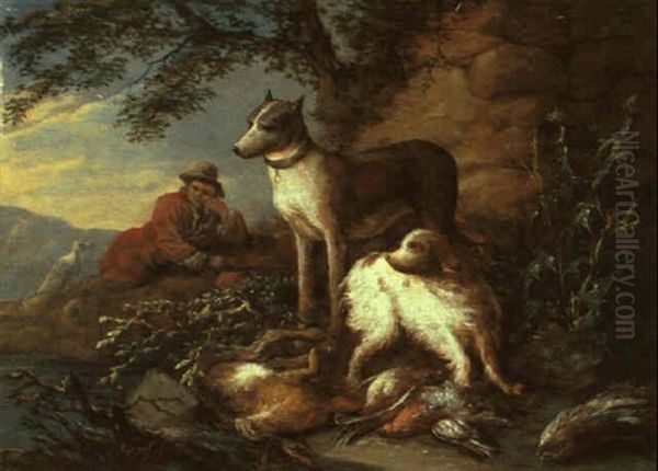 Rastender Jager Und Zwei Hunde Neben Der Jagdbeute Oil Painting by Adriaen de Gryef