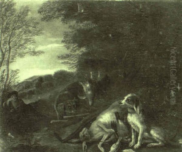 Jagdstilleben Mit Erlegtem Hasen, Vogeln Und Bewachenden Hunden Oil Painting by Adriaen de Gryef