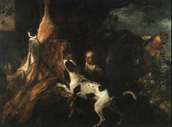 Ein Hund Und Eine Katze Machen Sich Einem Ausgeweideten     Ochsen Streitig Oil Painting by Adriaen de Gryef