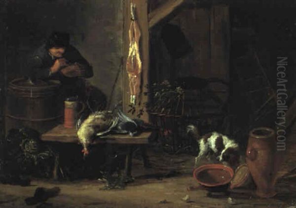 Interior Med Piberygende Mand Ved Bord Med Fuglevildt Oil Painting by Adriaen de Gryef