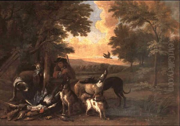 A Sportsman After The Hunt With Hounds And Game Birds In A  Landscape Oil Painting by Adriaen de Gryef