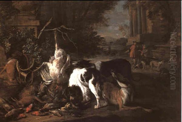 An Italinate Landscape With Hounds Guarding The Trophies Of The Hunt... Oil Painting by Adriaen de Gryef