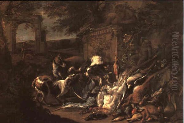 An Italinate Landscape With A Hunt Still Life With Hounds   Fighting Over Game... Oil Painting by Adriaen de Gryef