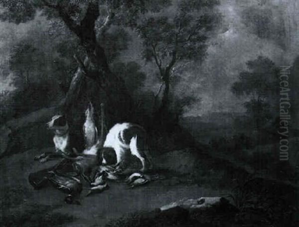 Jagdbeute, Von Zwei Hunden In Einer Waldlandschaft Bewacht Oil Painting by Adriaen de Gryef