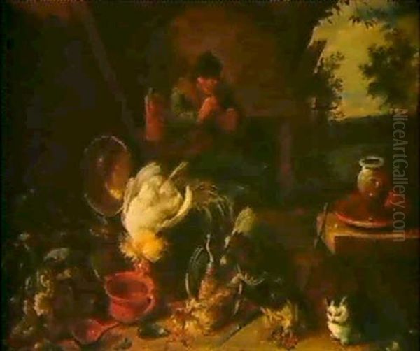 Ein Bauernhof Mit Einem Rastenden Bauern Und Totem Geflugel Oil Painting by Adriaen de Gryef