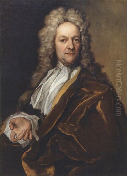 Portrait Of A Nobleman, Wearing A Yellow Lined Brown Velvet Cloak With Lace Chemise And Wig Oil Painting by Georg Gsell