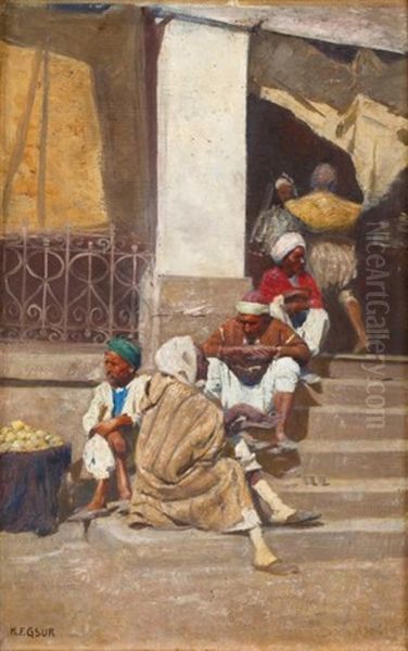 Marchands De Fruits A Tunis Oil Painting by Karl Friedrich Gsur