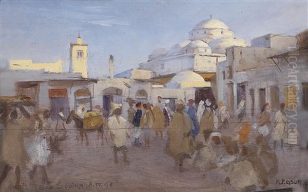 Strasenszene Im Sonk Von Tunis Oil Painting by Karl Friedrich Gsur