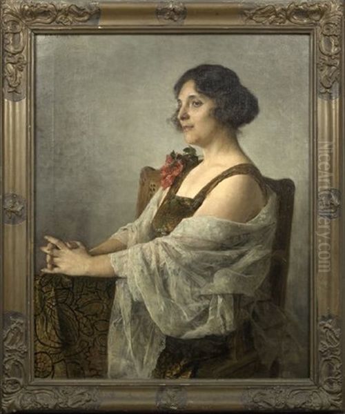 Portrait Of A Lady Wearing A Floral Dress Oil Painting by Karl Friedrich Gsur