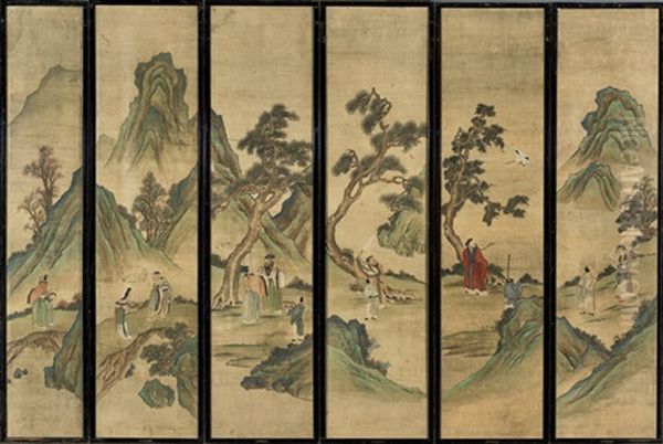 Immortals, Dignitaries And Attendants In Landscape Settings (in 12 Panels) Oil Painting by  Gu Jianlong