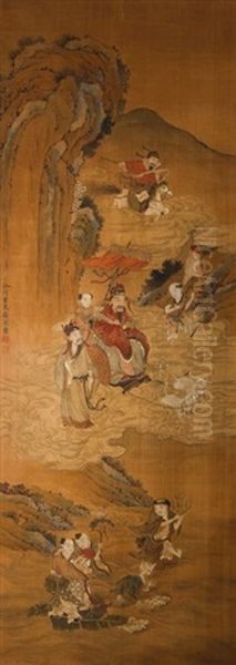 A Dignitary Seated On A Chariot Pulled By Dogs Floating Through Cloud Scrolls With Attendants by  Gu Jianlong