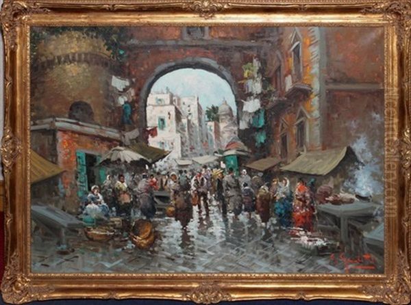 Italian Marketplace Oil Painting by Giovanni Guaarletti