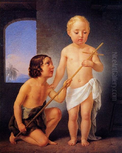 Gesu Bambino E Giovanni Battista Oil Painting by Antonio Gualdi