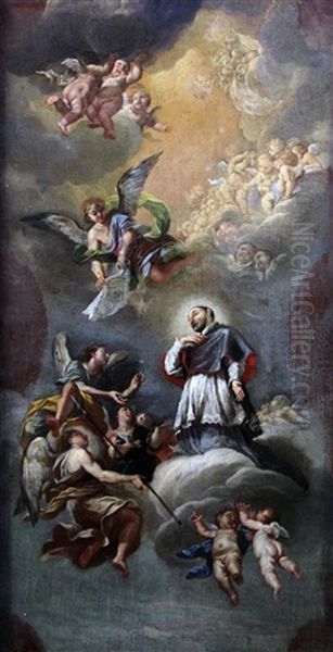 A Saint, Angels And Amorini Amongst Clouds Oil Painting by Jacopo Guarana