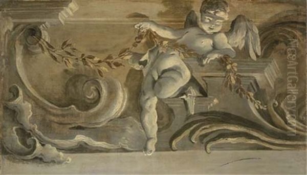 A Cornice With A Putti Holding An Olive Branch Oil Painting by Jacopo Guarana