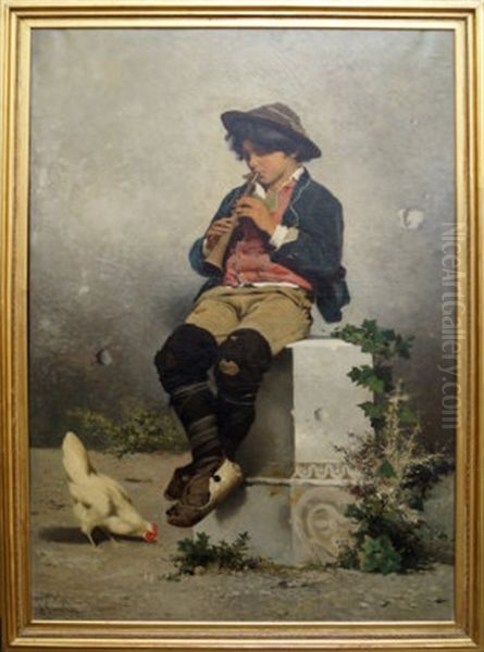 Boy Seated Full Length Playing A Flute In A Farmyard Oil Painting by Guerrino Guardabassi