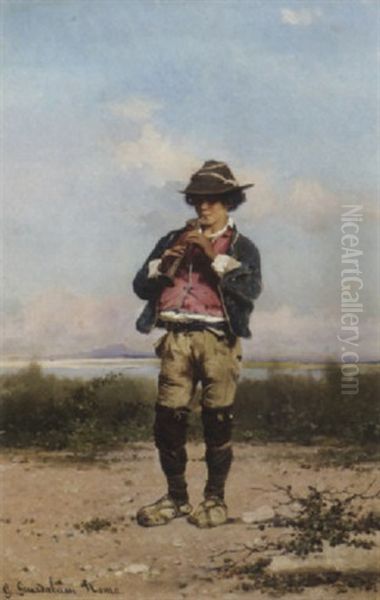 A Shepherd Boy Playing The Flute Oil Painting by Guerrino Guardabassi