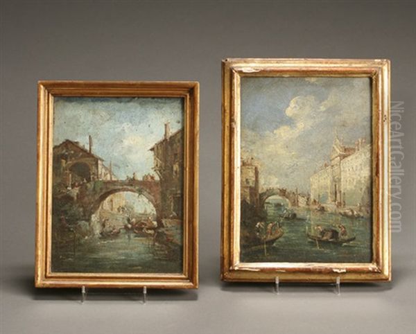 Venetian View With The Rio Dei Mendicanti And A Venetian Bridge With Figures: Two Works Oil Painting by Francesco Guardi