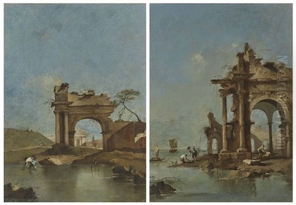 An Architectural Capriccio With Figures Fishing By Roman Ruins On A Shore; And A Ruined Arch By Water With A Temple Beyond Oil Painting by Francesco Guardi