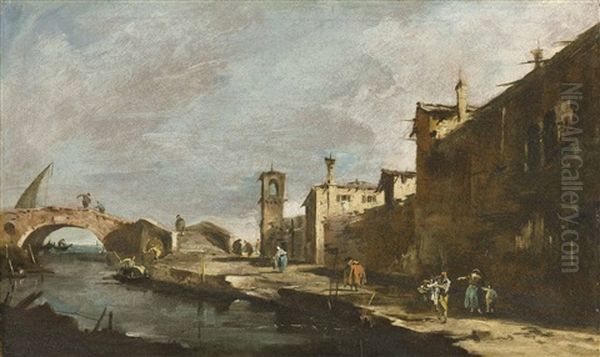 A Capriccio With Figures Walking Along A Canal Oil Painting by Francesco Guardi