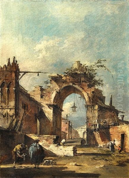 Capriccio Con Arco Rovinato E Mura Di Paese Oil Painting by Francesco Guardi