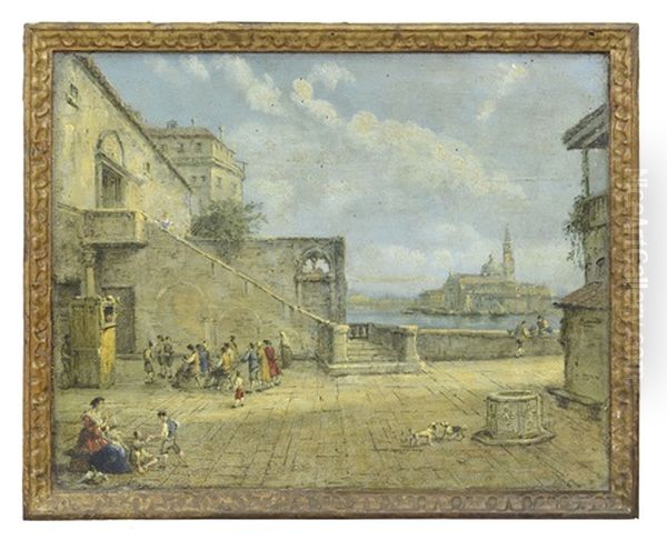 Cortile Veneziano Con Il Burattinaio, Figure E Scorcio Con L'isola Di San Giorgio Oil Painting by Francesco Guardi