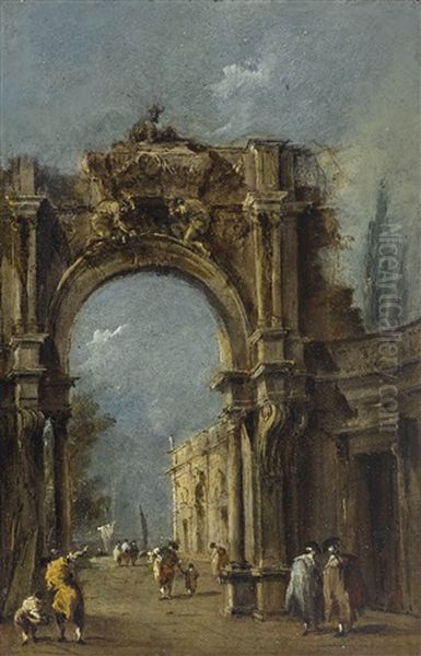 A Capriccio Of An Archway, With Figures Beneath And A Lagoon Beyond Oil Painting by Francesco Guardi