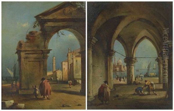 An Architectural Capriccio With Figures By Ruins; And A Portico In A Courtyard (2) Oil Painting by Francesco Guardi