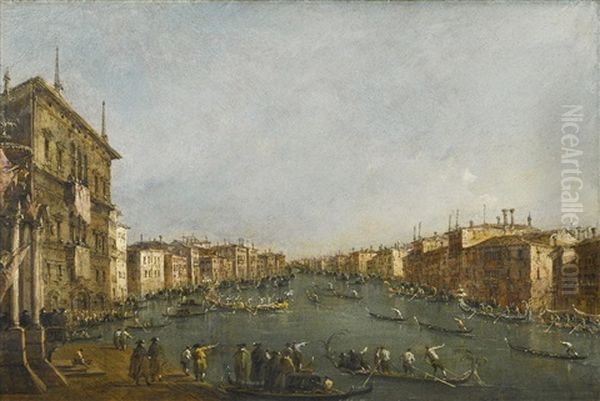 Venice, A View Of A Regatta On The Grand Canal Looking Towards The Rialto Bridge, With The Palazzo Balbi To The Left Oil Painting by Giacomo Guardi