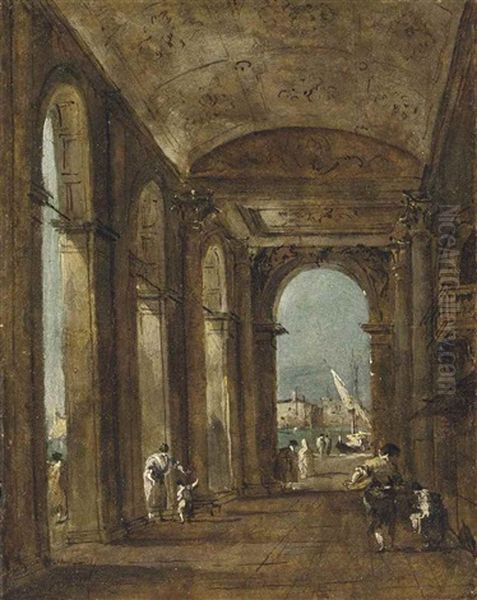 Interior Of A Colonnade, Venice, With Figures Conversing And Boats On The Canal Beyond Oil Painting by Giacomo Guardi