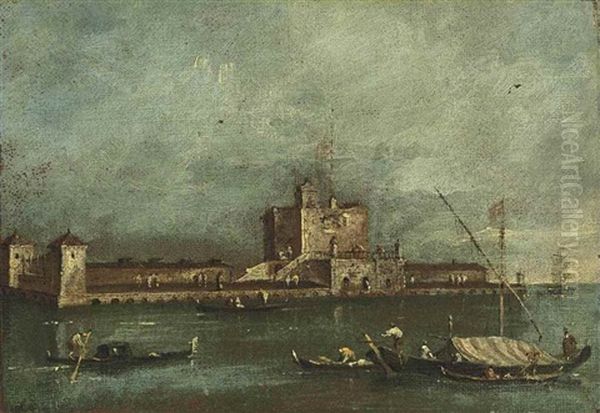 View Of The Fort Of S. Andrea, Venice, With Gondolas In The Foreground Oil Painting by Giacomo Guardi